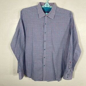 Robert Graham Shirt Mens 2XL Blue‎ Pink Linen Blend Button Up Flip Cuff Check